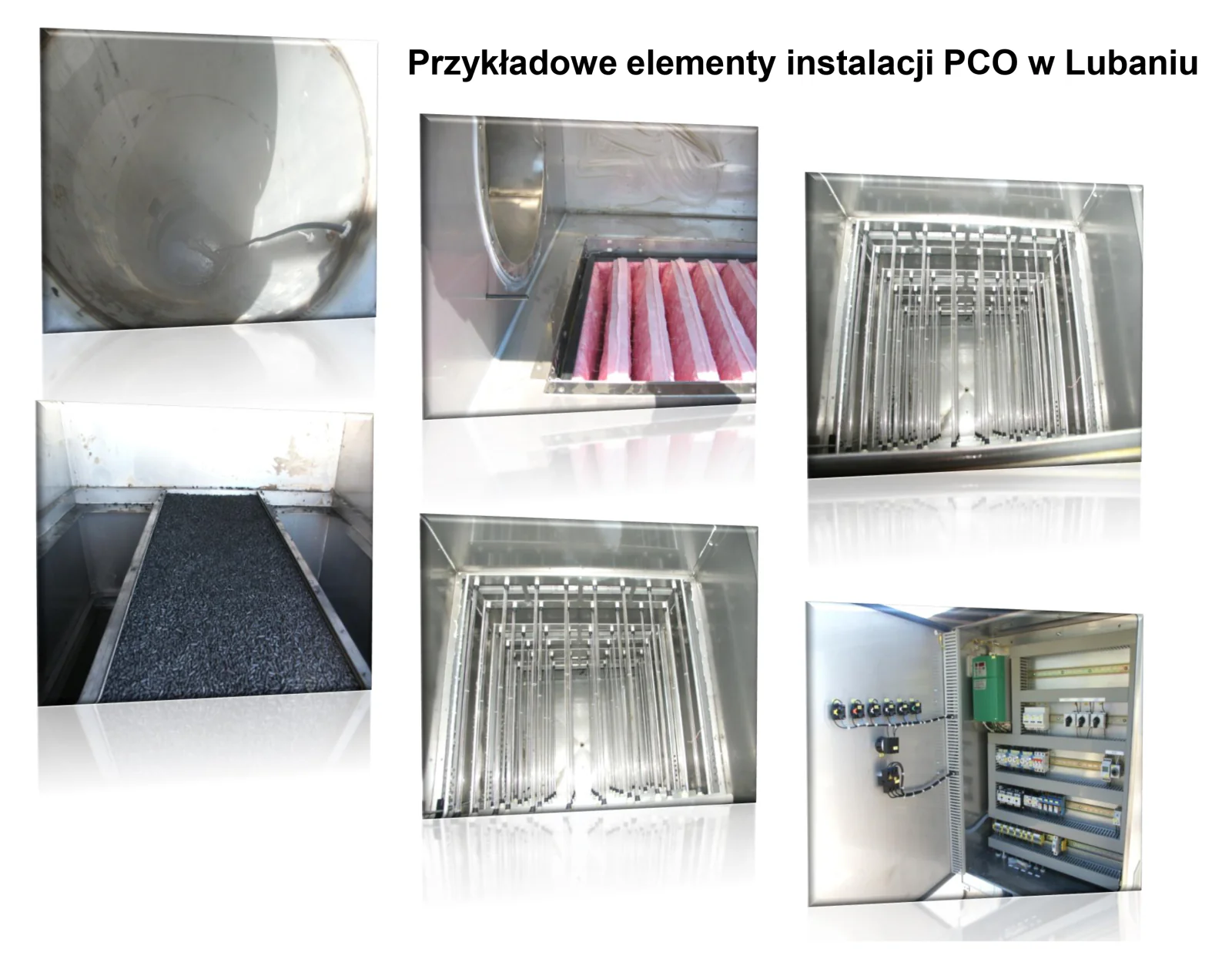 Przykładowe elementy instalacji PCO w Lubaniu – wnętrze komory, wypełnienie z węgla aktywnego, filtry, sekcje lamp UV i szafa sterownicza