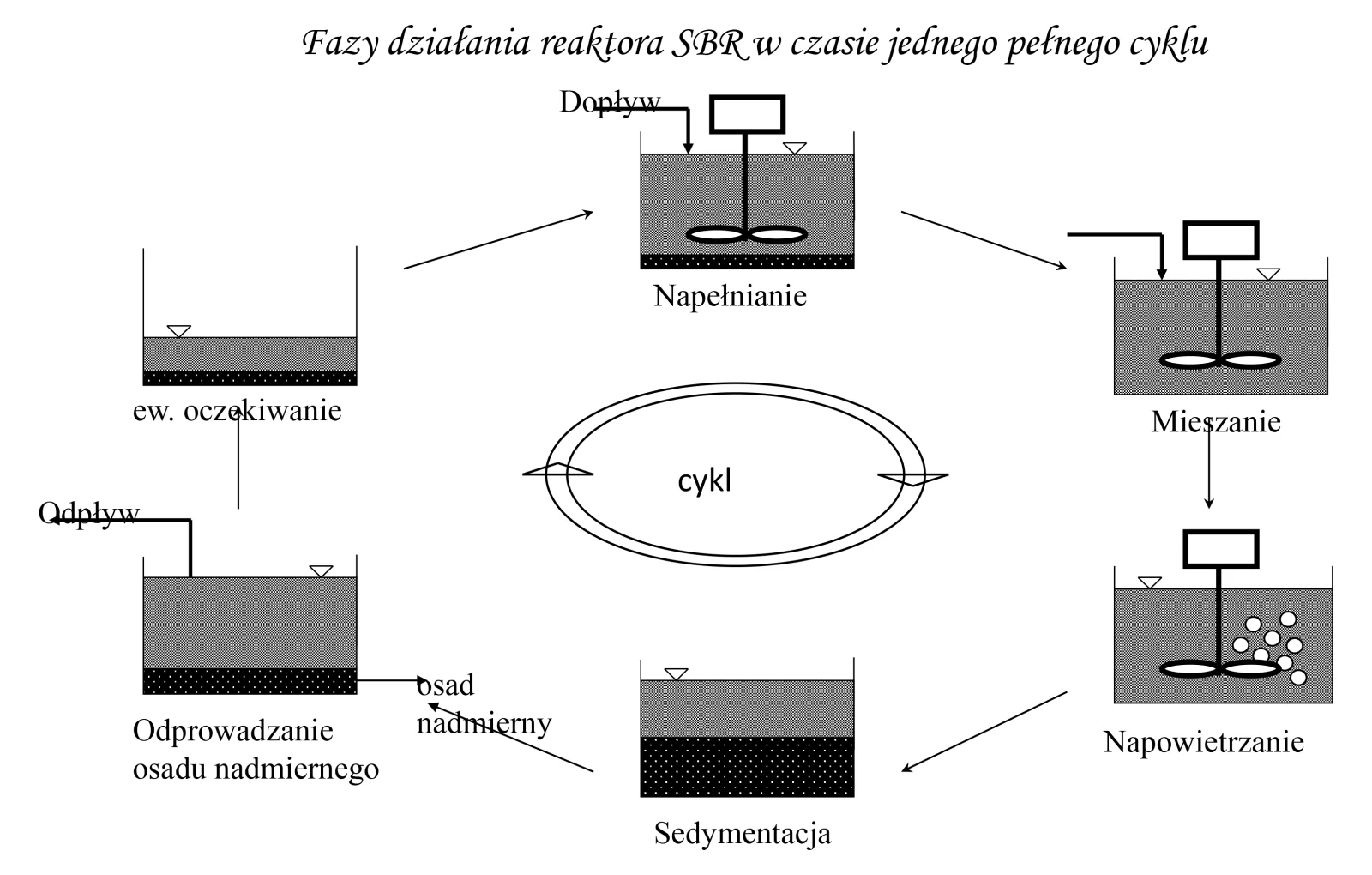 Schemat faz pracy reaktora SBR w jednym pełnym cyklu: napełnianie, mieszanie, napowietrzanie, sedymentacja, odprowadzanie osadu nadmiernego i ewentualne oczekiwanie